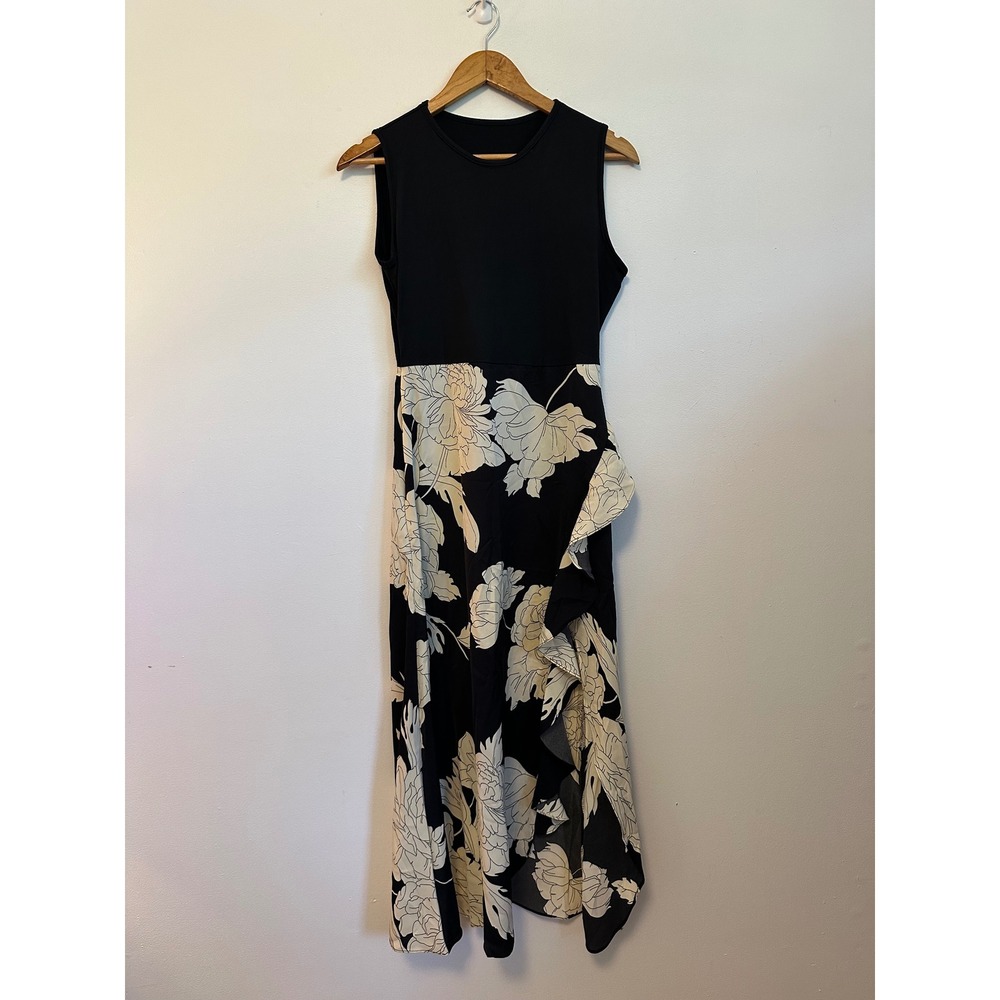 Black Cream Floral Ruffle Sleeveless Midi Dress | Size Medium
